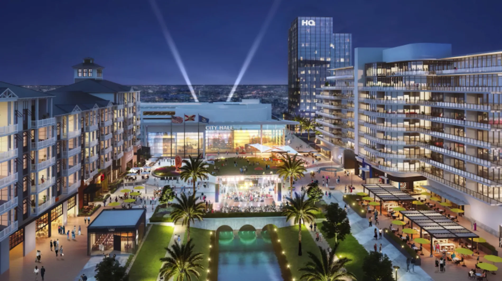 Night rendering of Pompano Beach’s new downtown with City Hall, shops, and canal walkway.